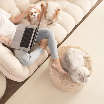 Hansleep Pouf Ottoman Foam Filled 20 x 15, Faux Fur Round Ottoman Foot Rest for Chair with Washable Cover, Foot Stools Under Desk for Living Room & Bedroom, Brown