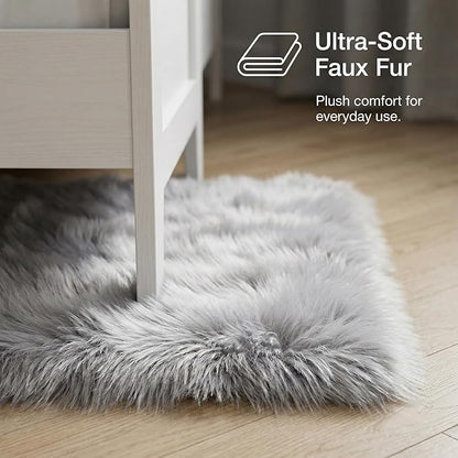 2 x 3 ft Fluffy Gray Rug – Soft Faux Fur Rug for Bedroom, Living Room, or Entryway – Cozy Faux Sheepskin Accent for Home Decor
