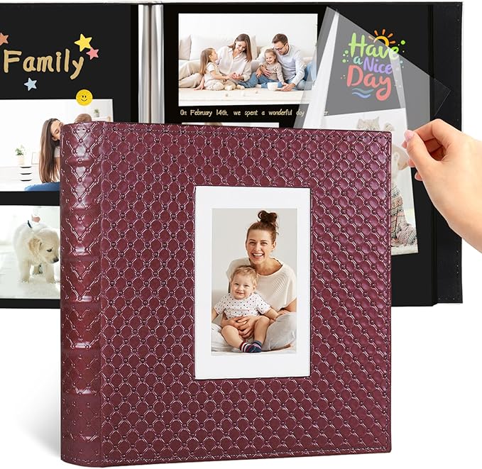 RECUTMS Photo Album 60 Pages Black Inner Button Grain Leather for 4x6 5x7 8x10 Pictures DIY Scrap Large Photo Book Baby Family Wedding Anniversary Self Adhesive Handmake Scrap Book（Wine Red）