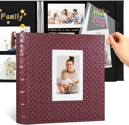 RECUTMS Photo Album 60 Pages Black Inner Button Grain Leather for 4x6 5x7 8x10 Pictures DIY Scrap Large Photo Book Baby Family Wedding Anniversary Self Adhesive Handmake Scrap Book（Wine Red）