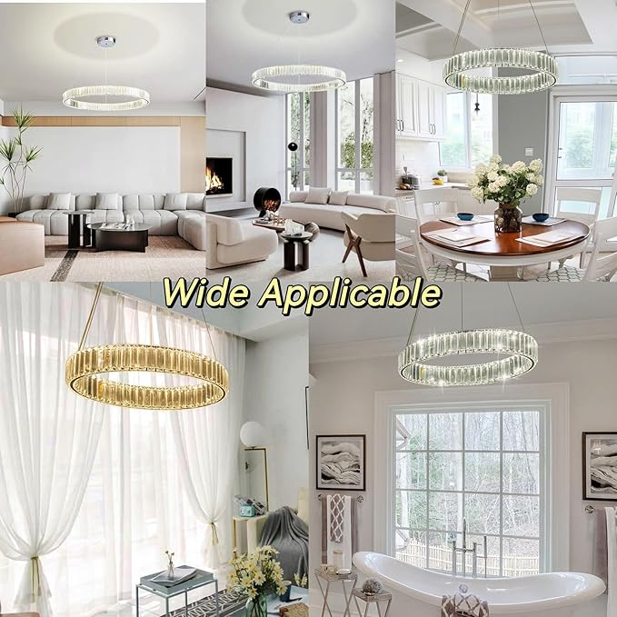 Modern Crystal Chandelier LED Dimmable Pendant Light with Remote 24" Round Ring Crystal Chandeliers for Living Room Dining Room Bedroom
