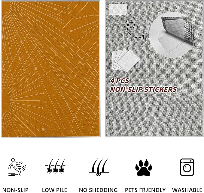 Modern Washable Area Rug 4x5, Boho Minimalist Non-Slip Rugs, Abstract Striped Soft Carpet for Living Room Bedroom Nursery Room Home Decor Office, Pet Friendly, Orange Beige