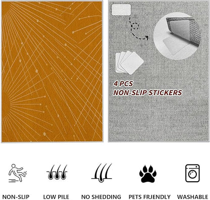 Modern Washable Area Rug 4x5, Boho Minimalist Non-Slip Rugs, Abstract Striped Soft Carpet for Living Room Bedroom Nursery Room Home Decor Office, Pet Friendly, Orange Beige