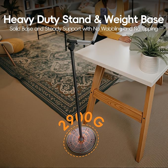 Phone Stand for Recording, Digital Heavy Duty Stand with Wheels and Weight Base, Free Rotation Aluminum Phone Mount with Adjustable Angles & Height for Content Creation, Floor Phone Stand