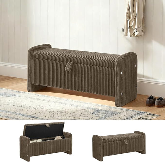 44" Storage Ottoman Bench, Upholstered End of Bed Storage Benches, Rectangle Ottoman with Storage for Bedroom, Entryway, Corduroy Brown