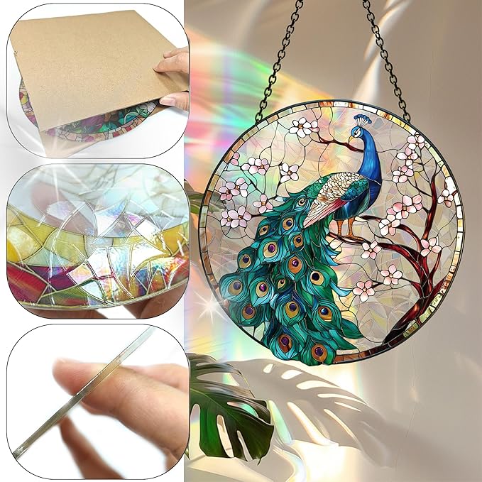 Bimkole Peacock Sun Catchers Indoor Window - Animals Acrylic Suncatcher Hanging Decoration for Living Room Bedroom Summer Home Balcony Outdoor Garden Ornaments Decoration 7.8x7.8 Inch
