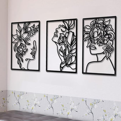 CHENGU 3 Pieces Metal Minimalist Abstract Woman Wall Art Line Drawing Wall Art Decor Single Line Female Home Hanging for Kitchen Bathroom Living Room