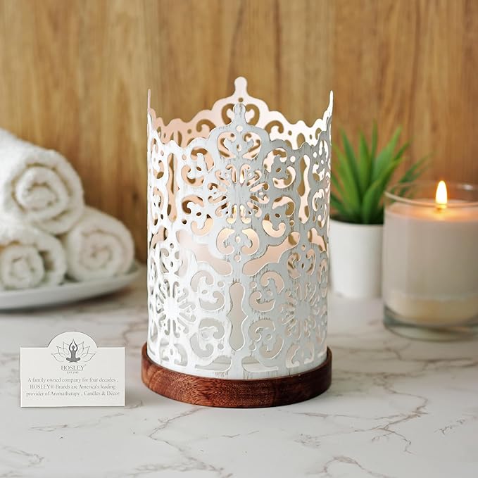 Hosley 7.5" White Metal Candle Holder – Diamond Cut Design Lantern for Home Decor, Weddings, Parties, Events, Gifts & Indoor Outdoor Lighting