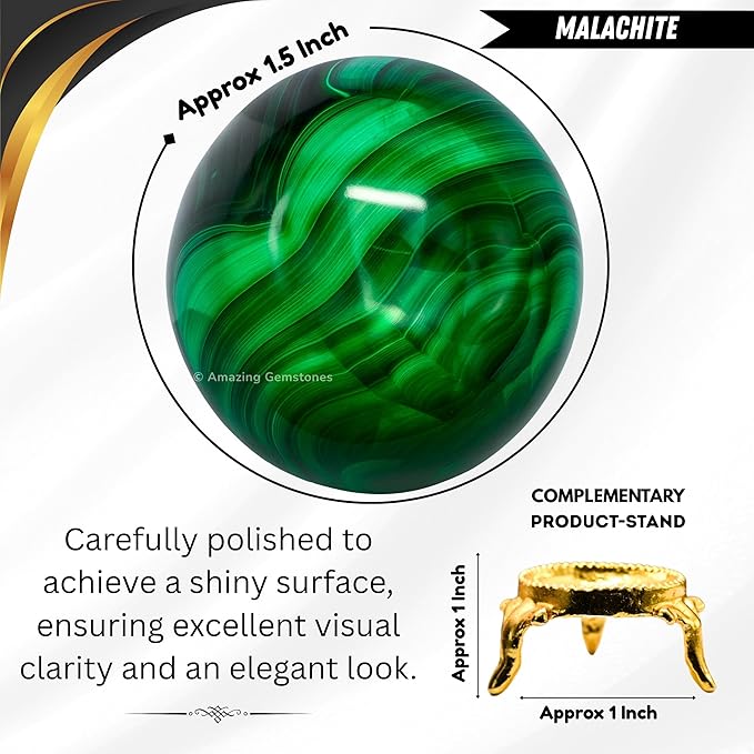 Amazing Gemstone Malachite Crystal Ball with Stand - 1.5" Inches Crystal Sphere Meditation Balls for Witchcraft and Decorative Balls