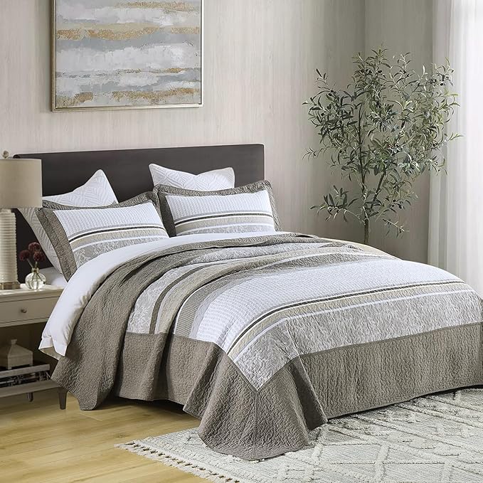 Oversized Queen Bedspread Quilt 120" x 102", 100% Cotton Lightweight Bed Spreads Coverlet Set Farmhouse Bedding Cover, 3 Piece, Brown/Gray/Beige