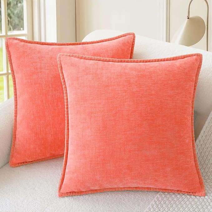 CaliTime Throw Pillow Covers Decorative 26 X 26 Inches Pack of 2 Cotton Thread Stitching Edges Solid Dyed Soft Chenille Cushion Cases for Couch Sofa Bed Living Room Farmhouse Living Coral