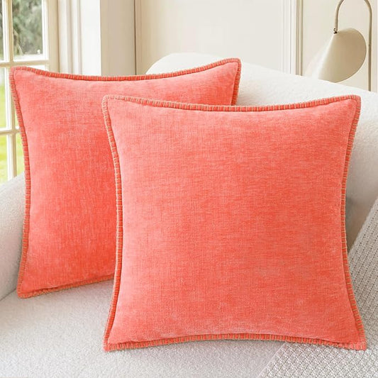 CaliTime Throw Pillow Covers Decorative 24 X 24 Inches Pack of 2 Cotton Thread Stitching Edges Solid Dyed Soft Chenille Cushion Cases for Couch Sofa Bed Living Room Farmhouse Living Coral