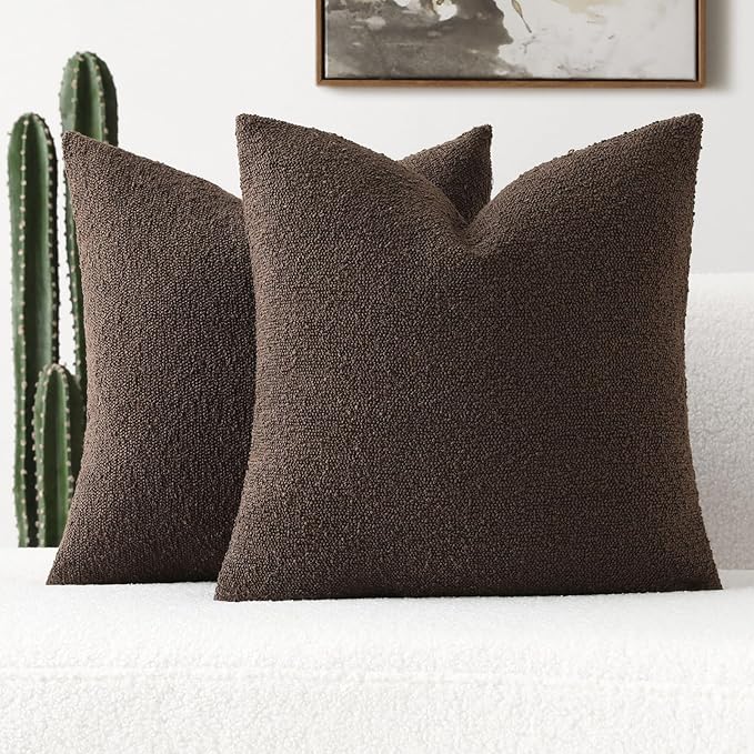 FUTEI Pack of 2 Dark Coffee Decorative Throw Pillow Covers 22x22 Inch Soft Cozy Solid Boucle Textured Cushion Case,Modern Home Decor for Couch Bed Living Room