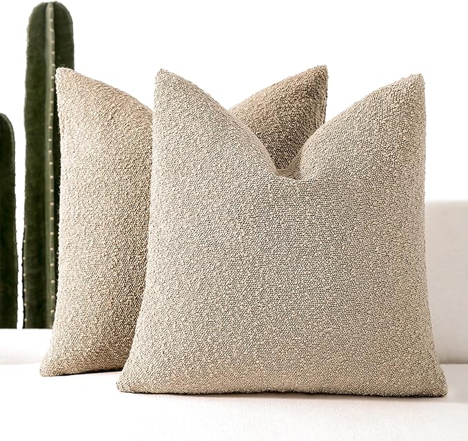 Boucle Decorative Throw Pillow Covers for Couch Set of 2, 24x24 inches, Oatmeal