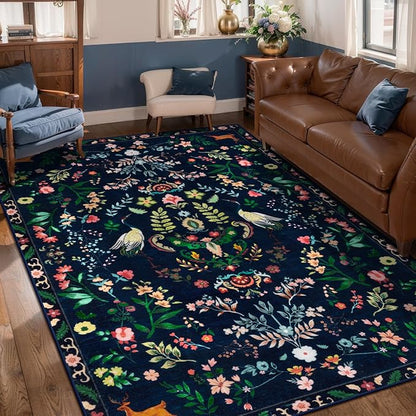 Tangsoo 5x7 Area Rug for Living Room Bedroom, Non Slip Machine Washable Boho Nature Floral Animal Rug, Low Pile Large Floor Carpet Indoor Mats for Kids Room, Farmhouse, Dining Room, Office(Blue)