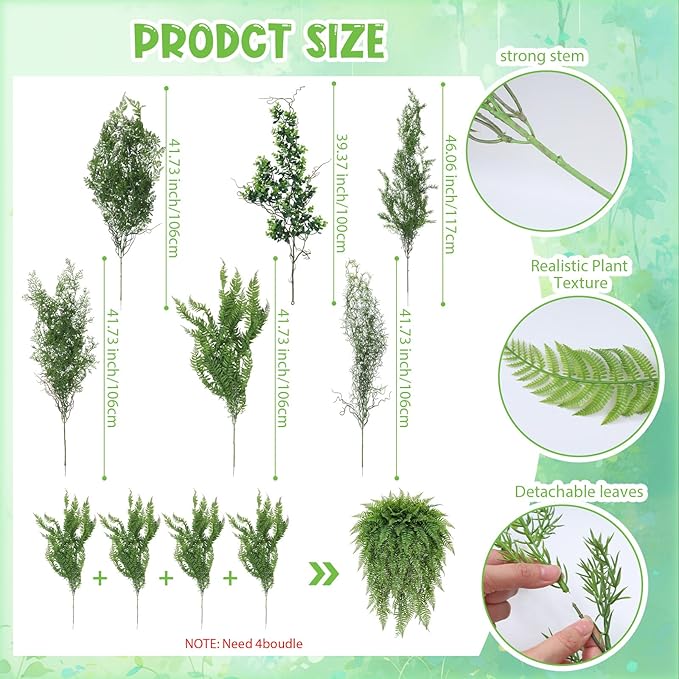 Dingion 6 Pack Artificial Hanging Plants for Forest Decorations 41.73 in Large Fake Greenery Plants Fake Persian Black Mondo Grass Eucalyptus for Home Wall Garden Indoor Outdoor Decoration