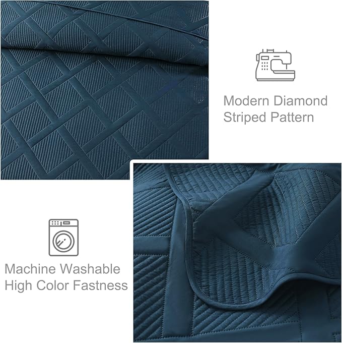 Exclusivo Mezcla Quilts Queen Size - Navy Blue Quilt Set Bedspread with 2 Pillow Shams, Modern Bedding Set with Striped Pattern, Soft Lightweight Bedspreads Queen Size for All Seasons