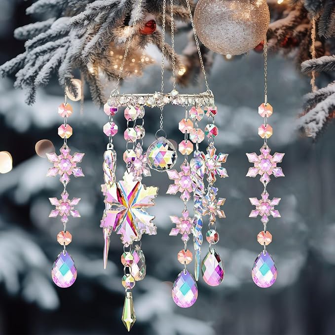Suncalla 3 Pcs Winter Snowflake Suncatchers Winter Crystal Sun Catchers Snow Flake Hanging Suncatcher Wind Chime with Chain Rainbow Indoor Outdoor Window Christmas Decor