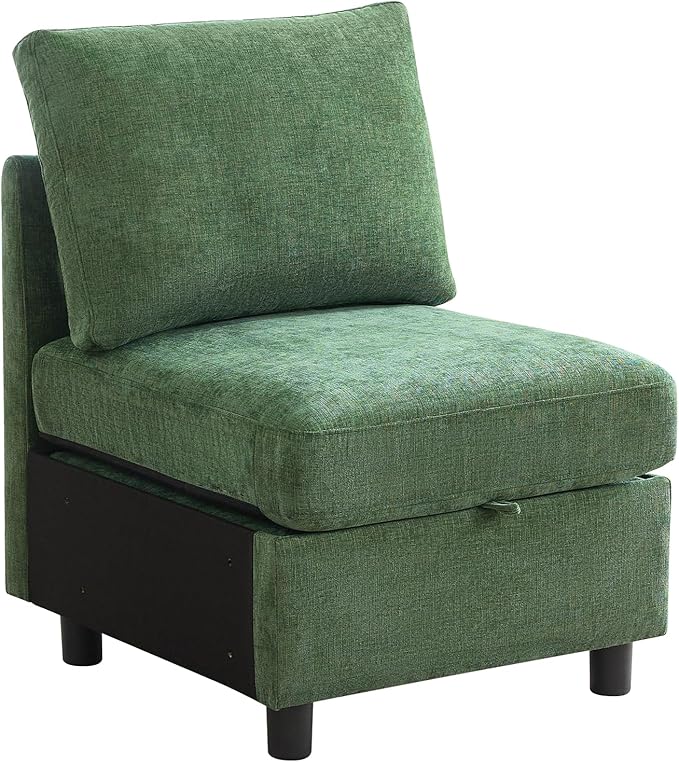 Middle Seat Module for Modular Sectional Couch Sofa, Living Room Accent Armless Sofa Chair with Storage & Pillow, Modern Side Sectional Middle Unit, Chenille Dark Green