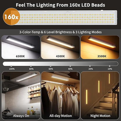 160LEDs Touch-Control Under Cabinet Lighting w/4000mAh Battery, Cordless Motion Sensor Under Counter Lights for Kitchen, Magnetic Rechargeable Closet Lights - 3Pack/White, 2025 Fall