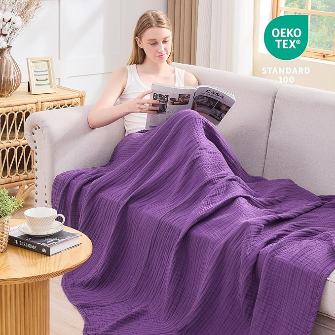EMME Cotton Muslin King Blanket Big Oversized Bed Layering Bedspread Coverlet Breathable Gauze Soft Lightweight Blankets (Purple, 120"x94")
