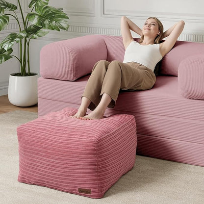 MeMoreCool Square Stuffed Pouf Ottoman Foot Rest, Stripe Furry Floor Pouf Foot Stool with Foam Chunk Filling, Soft Fluffy Stuffed Ottoman Footrest for Living Room, Corduroy Pink