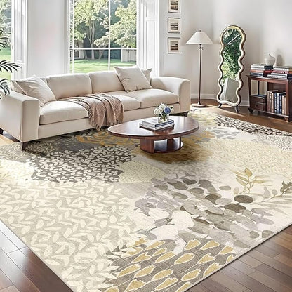 DEXDE Washable Area Rugs 6x9 for Living Room, Floral Large Rug Boho Print Vintage Low Pile Non Slip Carpet for Bedroom Kids Room Nursery Office Dinning Room, Gray