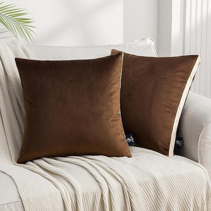 Phantoscope Pack of 2 Velvet Throw Pillow Covers, Decorative Soft Velvet Pillows Accent Double-Sided Gusseted Design, Square Cushion Case for Couch Sofa Bed, Deep Coffee, 18 x 18 inches 45 x 45 cm