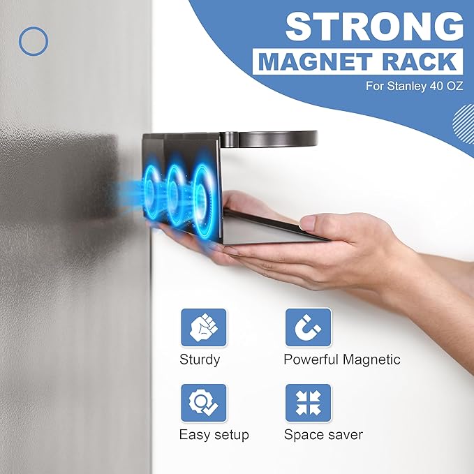 Magnetic Cup Holder for Fridge with 6 Storage Hooks and Tumbler Lid Organizer - Fits 20/30/40 oz Tumblers (Stanley, Owala, Yeti) Strong Magnetic Design - Kitchen Water Bottle Storage Rack