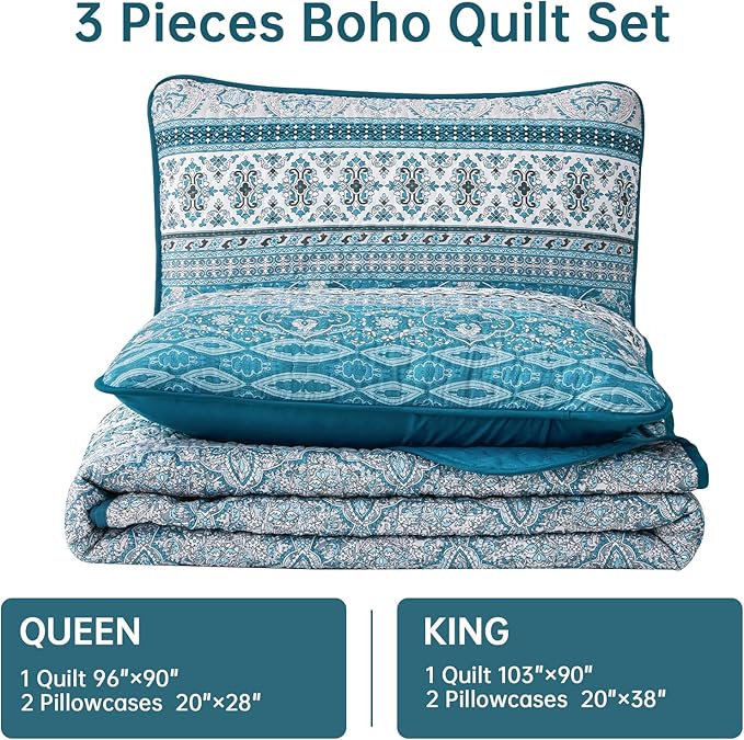 WONGS BEDDING Boho Queen Quilt Set, Teal and Blue Bohemian Quilt Bedding Set, Lightweight Bed Decor Bedspread for All Season Reversible Microfiber Coverlet Bedding Set 96"x90"(3 Pieces)