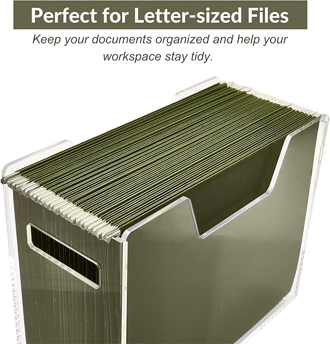 Acrylic File Holder - Clear Hanging File Organizer Box, Modern Acrylic File Folder Organizer, Lucite Hanging File Crate Bin with handles, Transparent Desktop File Folder Box for Letter Size