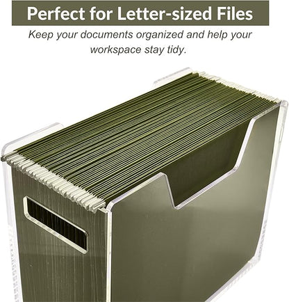 Acrylic File Holder - Clear Hanging File Organizer Box, Modern Acrylic File Folder Organizer, Lucite Hanging File Crate Bin with handles, Transparent Desktop File Folder Box for Letter Size