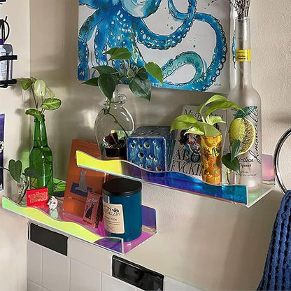 YMVV Large Iridescent Clear Acrylic Wall Mounted Floating Shelf, Perfume Organizer Shelf,Modern 15.7 IN Thickened Bathroom Storage Toy Display Organizer Decor 4 Pack