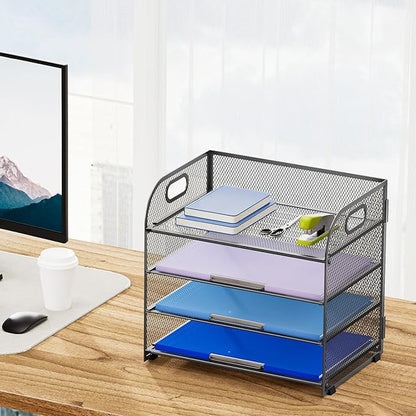 Marbrasse 4 Tier Paper Organizer Letter Tray - Mesh Desk File Organizer with Handle, Paper Sorter Organizer for Letter Office File Folder Holder (Grey, 12.6" x 9.1" x 10.7")