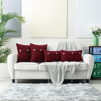 HWY 50 Burgundy Red Chenille Throw Pillow Covers 12x20 Inch with Triple Buttons, Soft Farmhouse Accent Decorative Cushion Cases for Couch Sofa Living Room Pack of 2 Rectangle