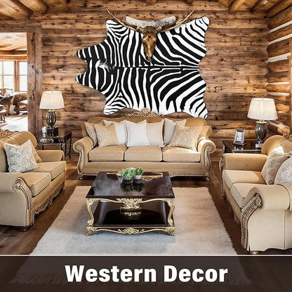 AROGAN Premium Faux Zebra Hide Rug 4.6 x 5.2 Feet, Sturdy and Large Size Bear Print Rugs, Suitable for Bedroom Living Room Western Decor, Faux Fur Animal Carpet, Black and White