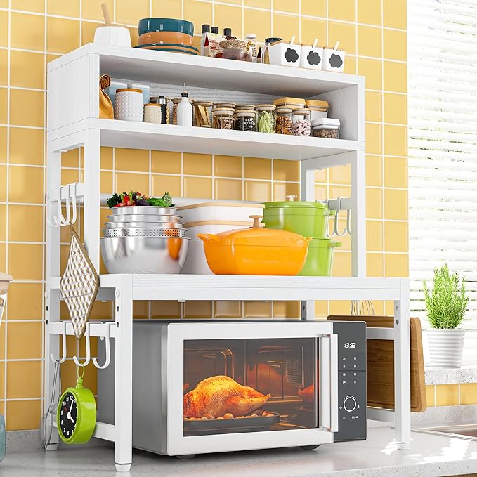 EnHomee Microwave Stand, 205LBS Microwave Shelf, Adjustable Countertop Shelf Heavy Duty 4-Tier with 9 Hooks for Kitchen Counter Organizer, Microwave Stand with Storage and Microwave Oven Rack (White)