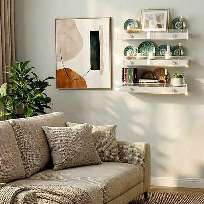 3 Pack Wooden Floating Shelves for Wall with Acrylic Front Lip, 15.7 IN Wall Mounted Rustic Style Shelves for Bathroom, Bedroom, Living Room, Kitchen, Hanging Shelves, White