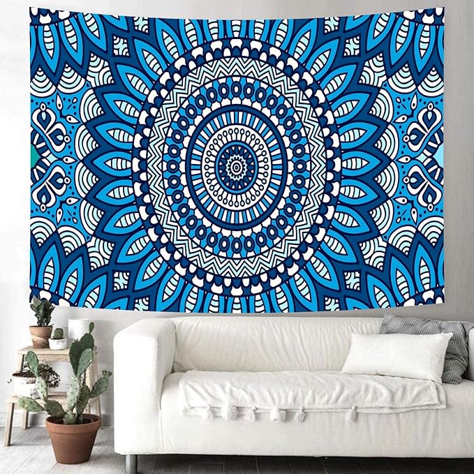 Delur Mandala Tapestry Aesthetic Boho Blue Floral Medallion Tapestry Wall Hanging Bohemian Wall Art Hippie Indian Psychedelic Headboard for Bedroom Living Room Home Decor (59.1" x 78.7")