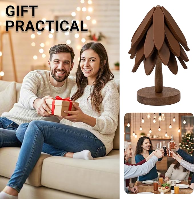 Silicone Trivets Mat Set for Hot Dishes - Tree Trivets with Stand - Hot Pads Pot Holders for Kitchen (Brown)