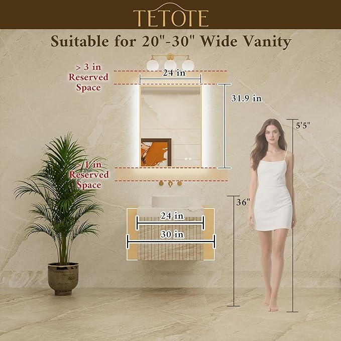 TETOTE 24 x 32 Backlit Bathroom Mirror Brushed Gold Metal Frame LED Light Vanity 3-Color White/Warm/Natural Stepless Dimmable Anti-Fog Backlight Mirror Wall-Mounted