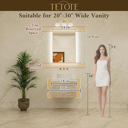 TETOTE 24 x 32 Backlit Bathroom Mirror Brushed Gold Metal Frame LED Light Vanity 3-Color White/Warm/Natural Stepless Dimmable Anti-Fog Backlight Mirror Wall-Mounted