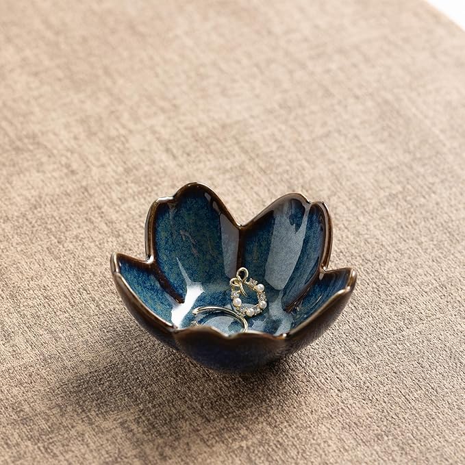 Floral Ceramic Jewelry Tray - 3.5" Elegant Ring Holder Dish & Trinket Bowl for Vanity Dresser Decor (blue)