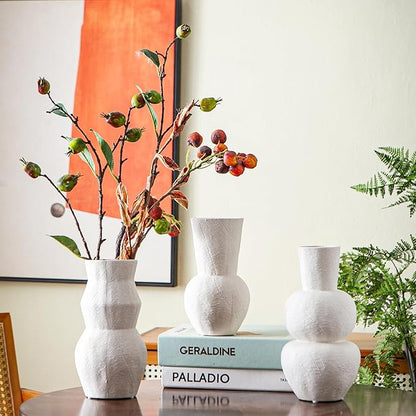 White Textured Ceramic Vase Set of 3 – Modern Decorative Pottery Vases for Boho and Farmhouse Home Decor, Minimalist Flower Vases for Living Room, Shelf, Mantel or Table Display