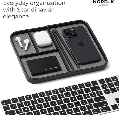 Nordik Leather Valet Tray - Pebble Black - 9.5 x 7.9 Inch Medium Vegan Leather Tray - Stylish Nightstand Organizer for Men - Modern Bedside Caddy - EDC Catchall for Key Watch Wallet Jewellery