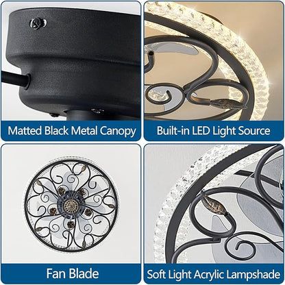 Black Flower Caged Ceiling Fan with Light, Rustic Industrial Ceiling Fan with Lights and Remote, LED Low Profile Ceiling Fan with Light for Bedroom Kitchen Living Room