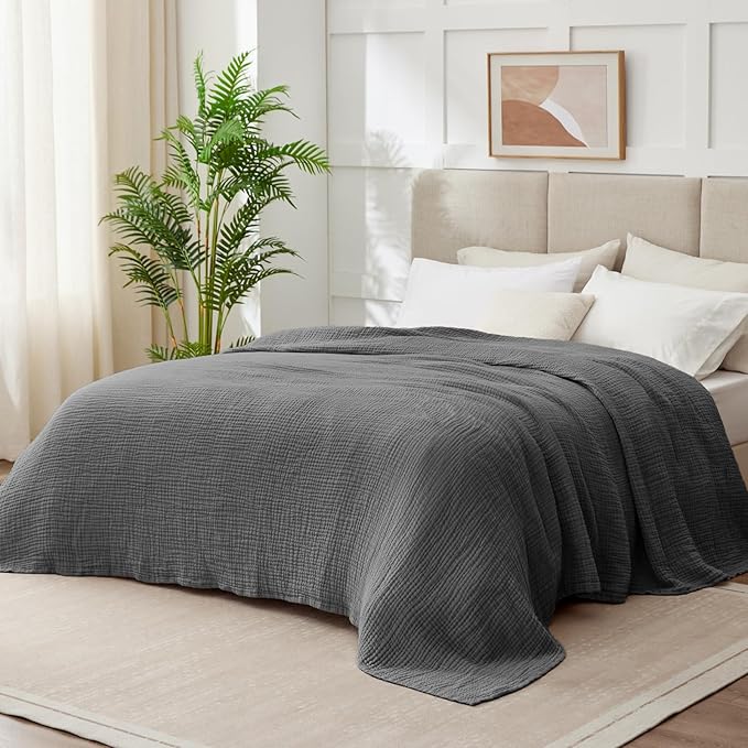 100% Cotton Muslin Blanket Queen 90" x 90", Breathable and Lightweight Cotton Throw Blankets for Bed, Soft Cooling Summer Gauze Blanket for Adults All Season, Charcoal Grey