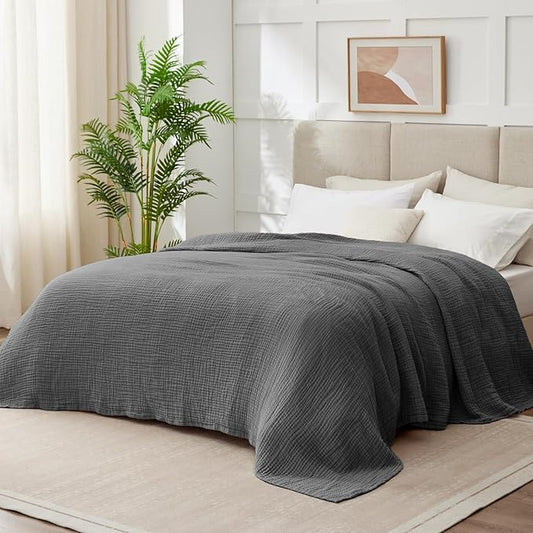 100% Cotton Muslin Blanket Queen 90" x 90", Breathable and Lightweight Cotton Throw Blankets for Bed, Soft Cooling Summer Gauze Blanket for Adults All Season, Charcoal Grey