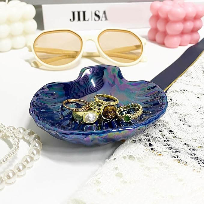 Shell Jewelry Holder Dish Aesthetic, Ceramic Seashell Trinket Dish for Women, Cute Room Decor Jewelry Plates for Earrings Ring Necklace, 3.9", Indigo Iridescent Surface