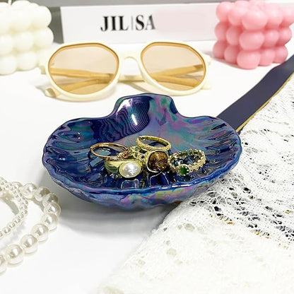 Shell Jewelry Holder Dish Aesthetic, Ceramic Seashell Trinket Dish for Women, Cute Room Decor Jewelry Plates for Earrings Ring Necklace, 3.9", Indigo Iridescent Surface